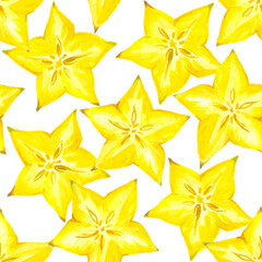 Star fruit pattern, watercolor illustration of tropical carambola slices - 741072677
