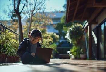 Child digital nomad with laptop working at home generative ai art