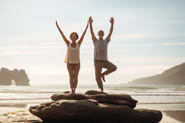 Senior couple practicing yoga on the beach at sunrise. They are standing on a rock and smiling