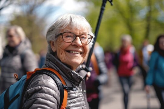A photograph of a smiling older woman actively engaging in Nordic walking amidst the springtime park scenery
