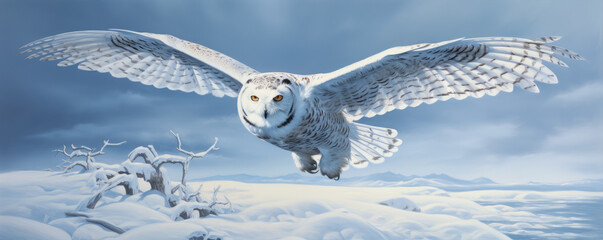 Snowy owl flying over winter land.