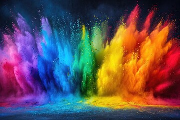 A stunning depiction of a colorful and energetic powder explosion, frozen in time, capturing the chaotic beauty of the moment when pigmented particles collide
