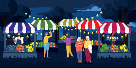 Vector illustration of a beautiful night market. Cartoon scene of various trade tents with street garlands, products, fruits and vegetables, people, buyers and sellers, trees, starry night sky.