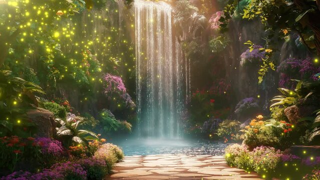 Enchanted Waterfall Cascades Into A Tranquil Pool Surrounded By Lush Vegetation And Twinkling Fireflies, Creating A Serene Magical Oasis Within A Magical Forest