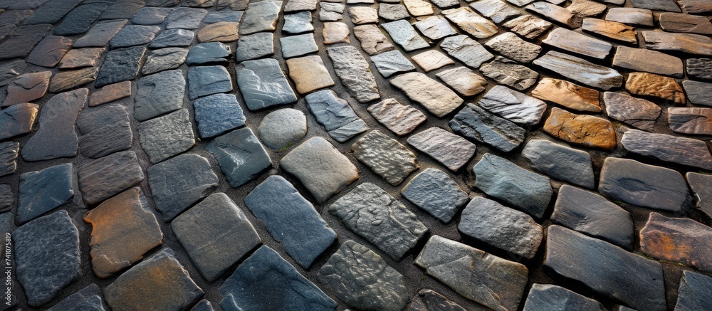 Poster a detailed shot of a cobblestone street showcasing a circular pattern in the road surface, made from