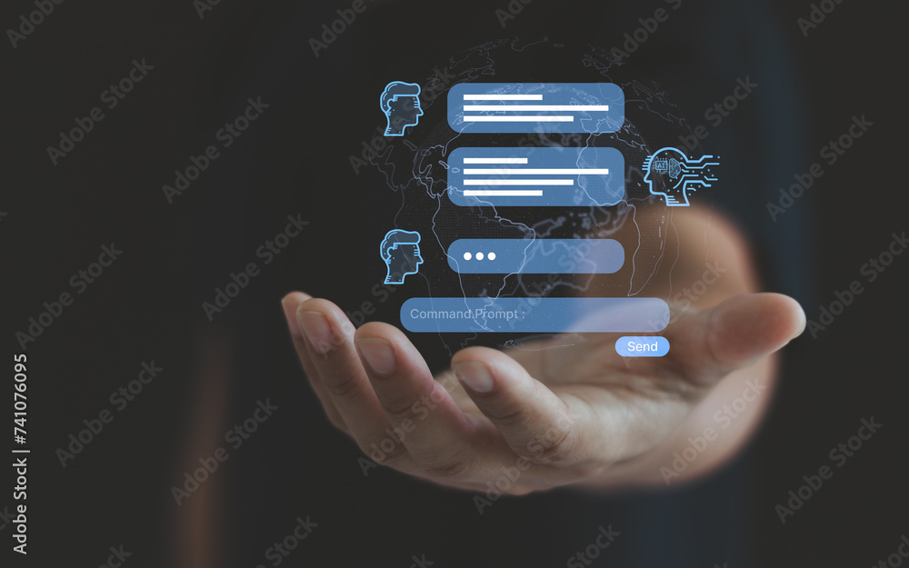 Poster ai tech. businessman show virtual graphic global internet connect chatbot with ai, artificial intell
