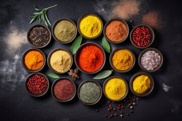 Assorted spices in round bowls on dark background.