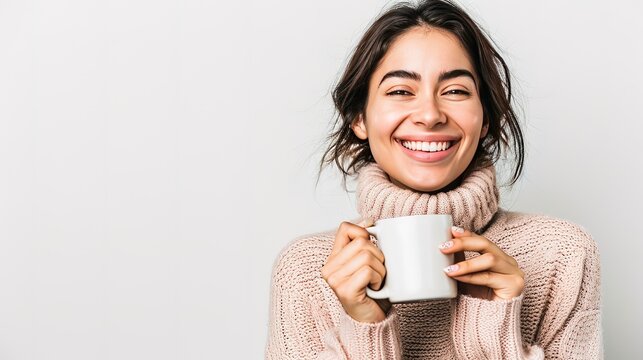 A Woman Is Holding A Cup Of Coffee And Smiling white background