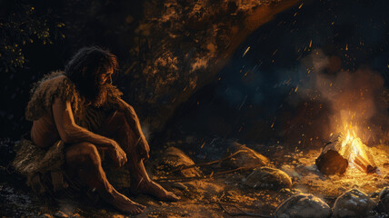 Neanderthal man sits by fire in cave, lone caveman near bonfire on dark background, life of people in prehistoric era. Concept of Homo Sapiens, ancient, anthropology - obrazy, fototapety, plakaty