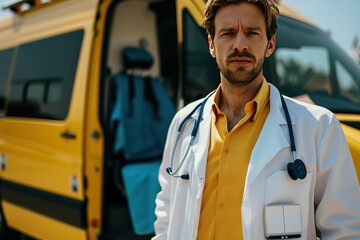 Doctor standing in front of ambulance with arms crossed.
