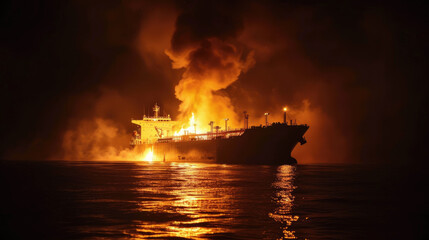 Burning cargo ship in sea at night, tanker in fire and smoke in ocean, industrial vessel after attack or accident. Concept of oil, disaster, industry, water and pollution