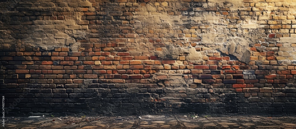 Poster the scene includes a brick wall in the background and a brick floor in the foreground, creating a be