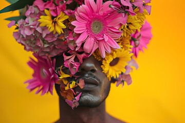 A Man In A Suit Has A Bouquet Of Flowers In Front Of His Head