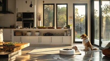 Smart house designed for pet owners, with automated feeding stations, indoor pet tracking systems, and smart pet doors - Powered by Adobe