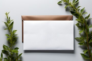 Blank white card with kraft brown paper envelope template mockup isolated on white background, top view
