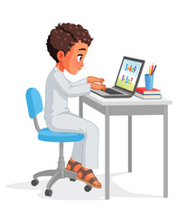 Arab school kid studying with laptop. Cartoon vector illustration.