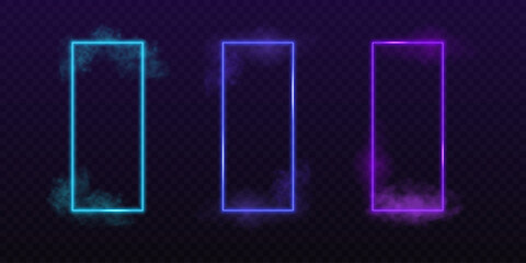 Neon rectangle frames. Set of vector design elements. Colorful glowing portals with smoke on transparent background