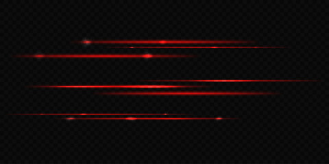 Vector illustration of red laser beams. Horizontal scanner lights with flares isolated on transparent background