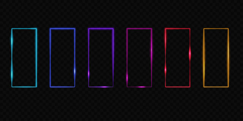 Set of neon portals. Vector design elements. Bright colorful glowing frames with light flashes on transparent backdrop