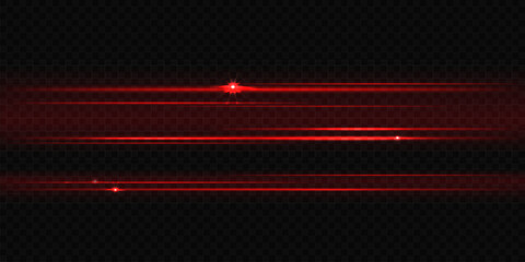 Vector design element of red scanner lights. Horizontal laser beams isolated on transparent backdrop