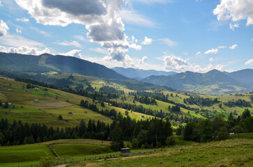 Fototapeta na wymiar Mountain landscape with green meadows located among dense forests and high mountains, small houses scattered on the green slopes of the hills. Carpathians, Ukraine