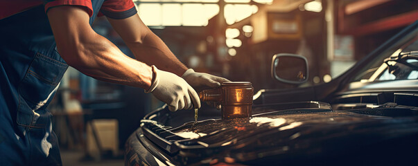Car mechanic replace oil in vehicle. - obrazy, fototapety, plakaty