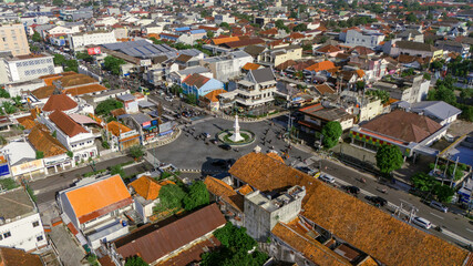 aerial view of Tugu Yogyakarta, Tugu Yogyakarta is an important historical pillar landmark in the city of Yogyakarta, Indonesia