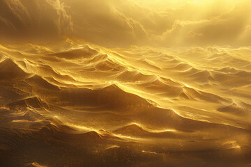 Towering sand dunes stretch endlessly under the blazing sun, a sea of golden waves.