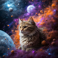 Cat flying in space among planets and bright fogs