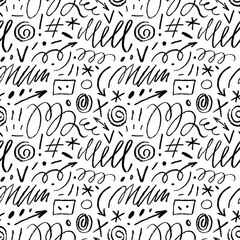 Seamless pattern with doodle charcoal lines, marks and strokes. Hand drawn curly lines, spirals.