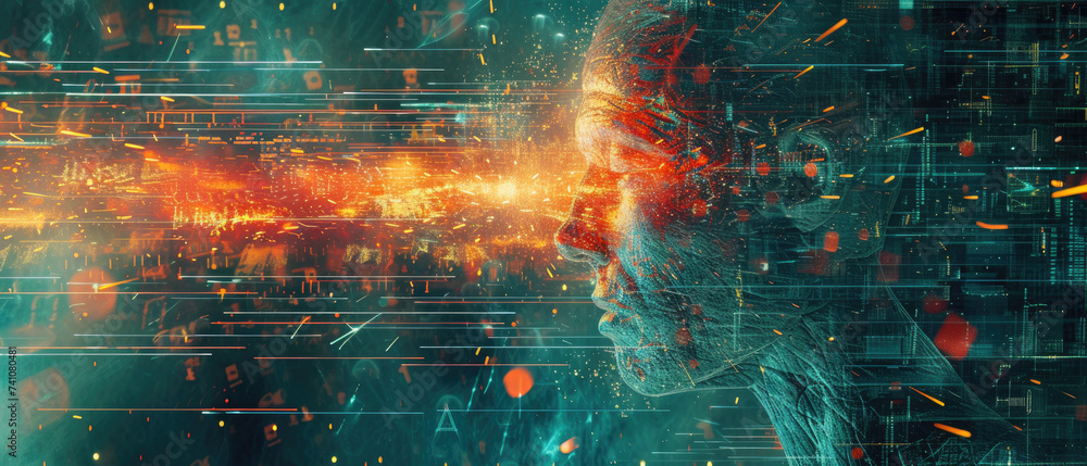 Poster artificial intelligence in human form on abstract background, futuristic humanoid ai robot like old 