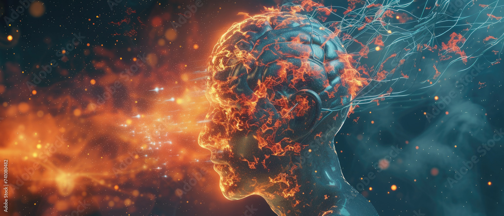 Poster artificial intelligence in human form on abstract background, futuristic humanoid ai robot like burn