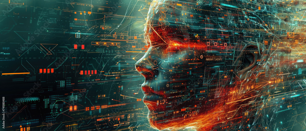 Poster artificial intelligence abstract tech background, face of futuristic humanoid ai robot in fire. conc