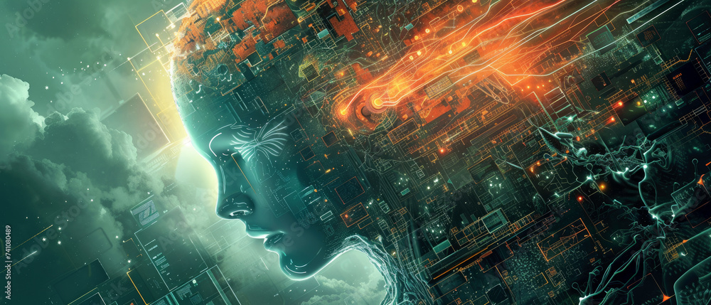 Poster artificial intelligence abstract background, face of futuristic humanoid ai robot in fire. concept o