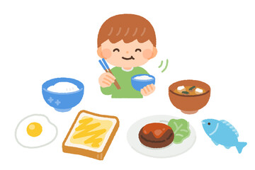 ご飯を食べる子供と食事のイラスト素材