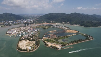Lumut, Malaysia - February 16 2024: Aerial View of the Lumut Waterfront and Marina Island