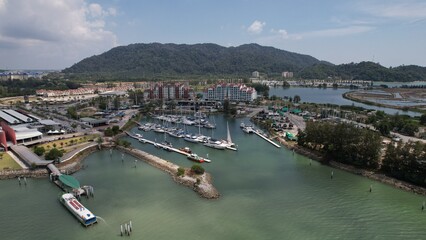 Fototapeta na wymiar Lumut, Malaysia - February 16 2024: Aerial View of the Lumut Waterfront and Marina Island