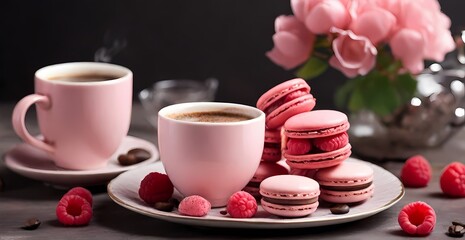 cup of coffee and macaroons homemade pasta on an elegant dish with tea. Generative AI
