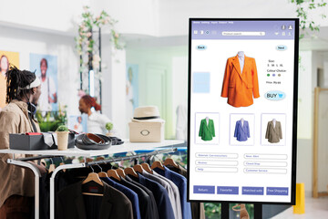 Interactive monitor board kiosk service, trendy clothing items and merchandise on display in...