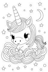 Unicorn Sleeping On Moon Is A Coloring Book Page For Children And Students
