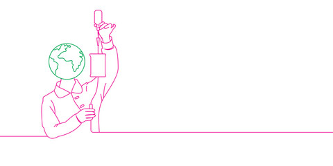 a globe headed nurse is filling an IV.line art for world health day