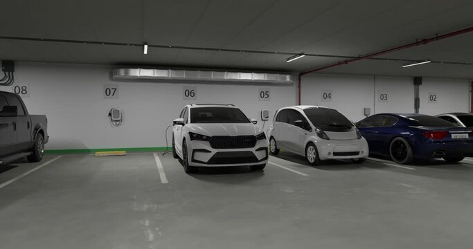Generic electric crossover car connected to charging box. EV vehicle plugged in energy station, recharge battery at shopping mall or urban city house parking lot. 3D animation