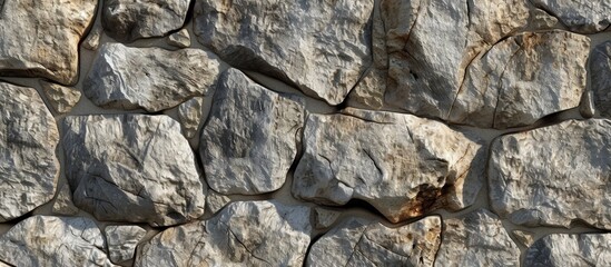A detailed closeup of a bedrock wall composed of large rocks, showcasing the intricate patterns and artistry of the composite building material