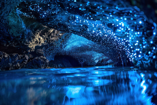 Glowing bioluminescent algae light up the dark waters of a mysterious cave.