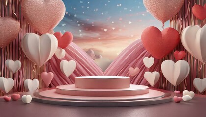 Pink podium background for product, Symbols of love for women's holiday, Valentine's Day, 3D rendering.