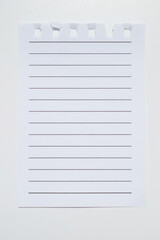 Torn page on a white vertical background. Notebook paper with black horizontal lines close-up. Lined paper with space for text, note, list. One torn empty page from a notebook