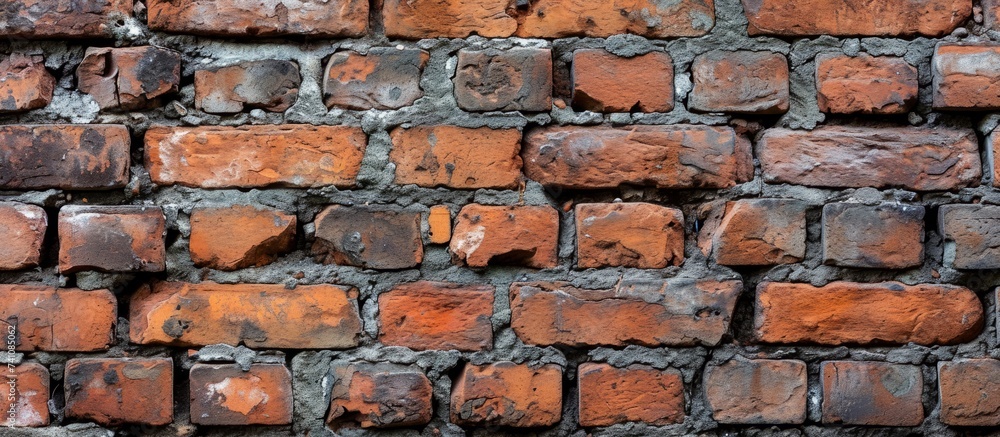 Poster a detailed closeup image showcasing the texture and pattern of a brick wall, with numerous rectangul
