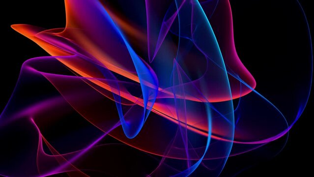 Abstract, fluid, wavy and colorful rays seamless loop animation. Modern and contemporary feel in 4K. Glowing with subtle movement with shades of blue, orange, red, magenta, purple