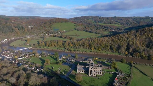 Aerial of Tintern Abbey, Tintern, Wye Valley, Monmouthshire, Wales, United Kingdom