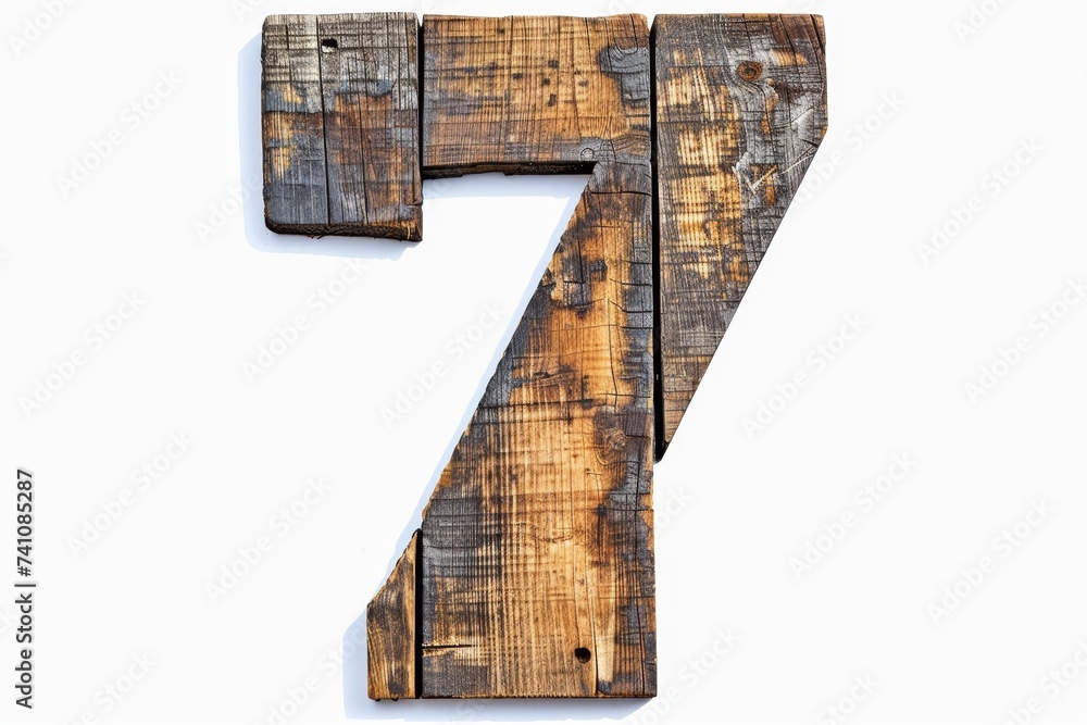 Poster Dark oiled wood number 7 shape isolated on white background for design and decorative projects